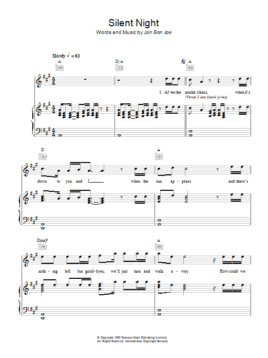 Preview Bon Jovi Silent Night Rock sheet music, notes and chords for Piano, Vocal & Guitar (Right-Hand Melody), SKU: 48384 Silent Night sheet music