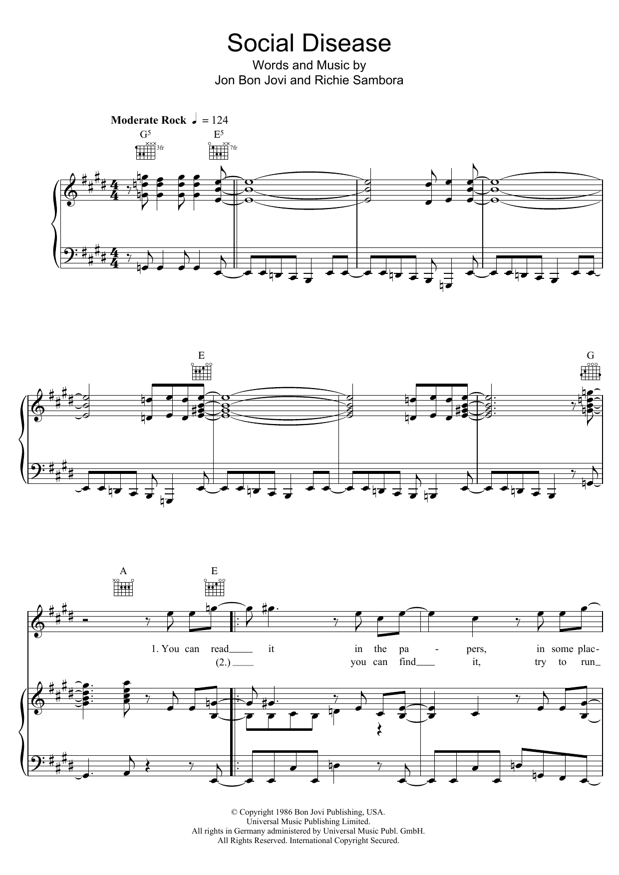 Preview Bon Jovi Social Disease Rock sheet music, notes and chords for Piano, Vocal & Guitar (Right-Hand Melody), SKU: 48385 Social Disease sheet music
