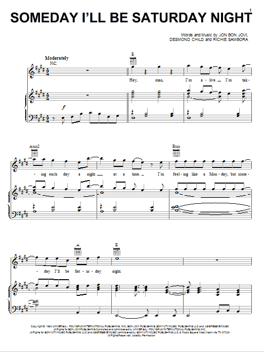 Preview Bon Jovi Someday I'll Be Saturday Night Rock sheet music, notes and chords for Lyrics & Chords, SKU: 81793 Someday I'll Be Saturday Night sheet music