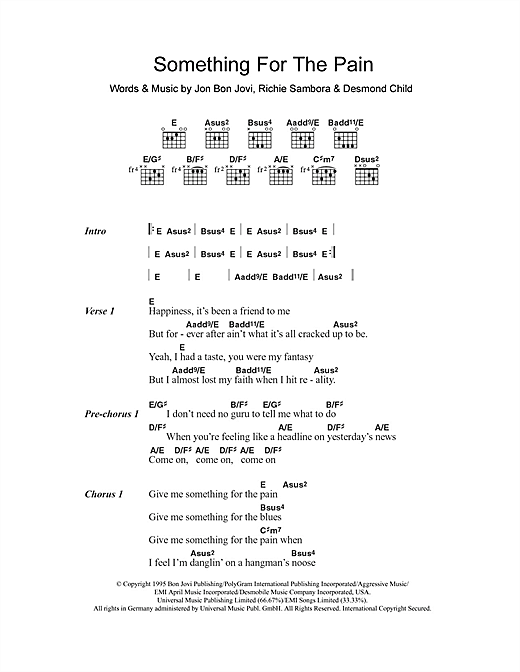 Preview Bon Jovi Something For The Pain Rock sheet music, notes and chords for Piano, Vocal & Guitar (Right-Hand Melody), SKU: 15013 sheet music, piano notes, chords, guitar tabs, score, transpose, transcribe, how to play, guide, download, learn, tutorial, progression, song, artist, awards, billboard, mtv, vh1, tour, single, album, release