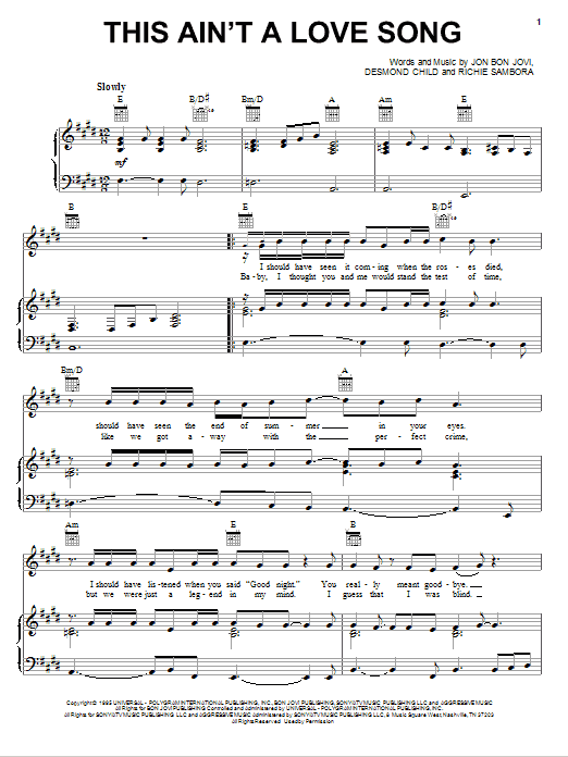 Preview Bon Jovi This Ain't A Love Song Rock sheet music, notes and chords for Piano, Vocal & Guitar (Right-Hand Melody), SKU: 15016 sheet music, piano notes, chords, guitar tabs, score, transpose, transcribe, how to play, guide, download, learn, tutorial, progression, song, artist, awards, billboard, mtv, vh1, tour, single, album, release
