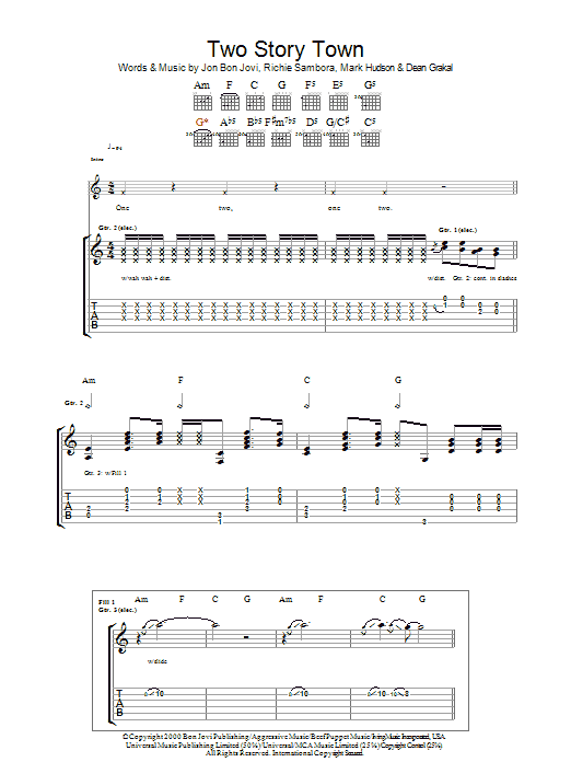 Preview Bon Jovi Two Story Town Rock sheet music, notes and chords for Guitar Tab, SKU: 36419 Two Story Town sheet music