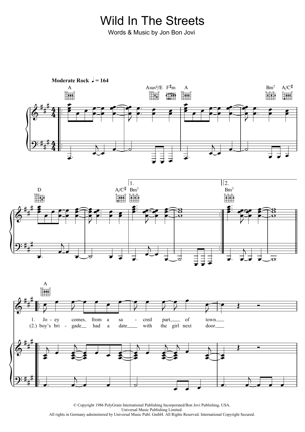 Preview Bon Jovi Wild In The Streets Rock sheet music, notes and chords for Piano, Vocal & Guitar (Right-Hand Melody), SKU: 48486 Wild In The Streets sheet music