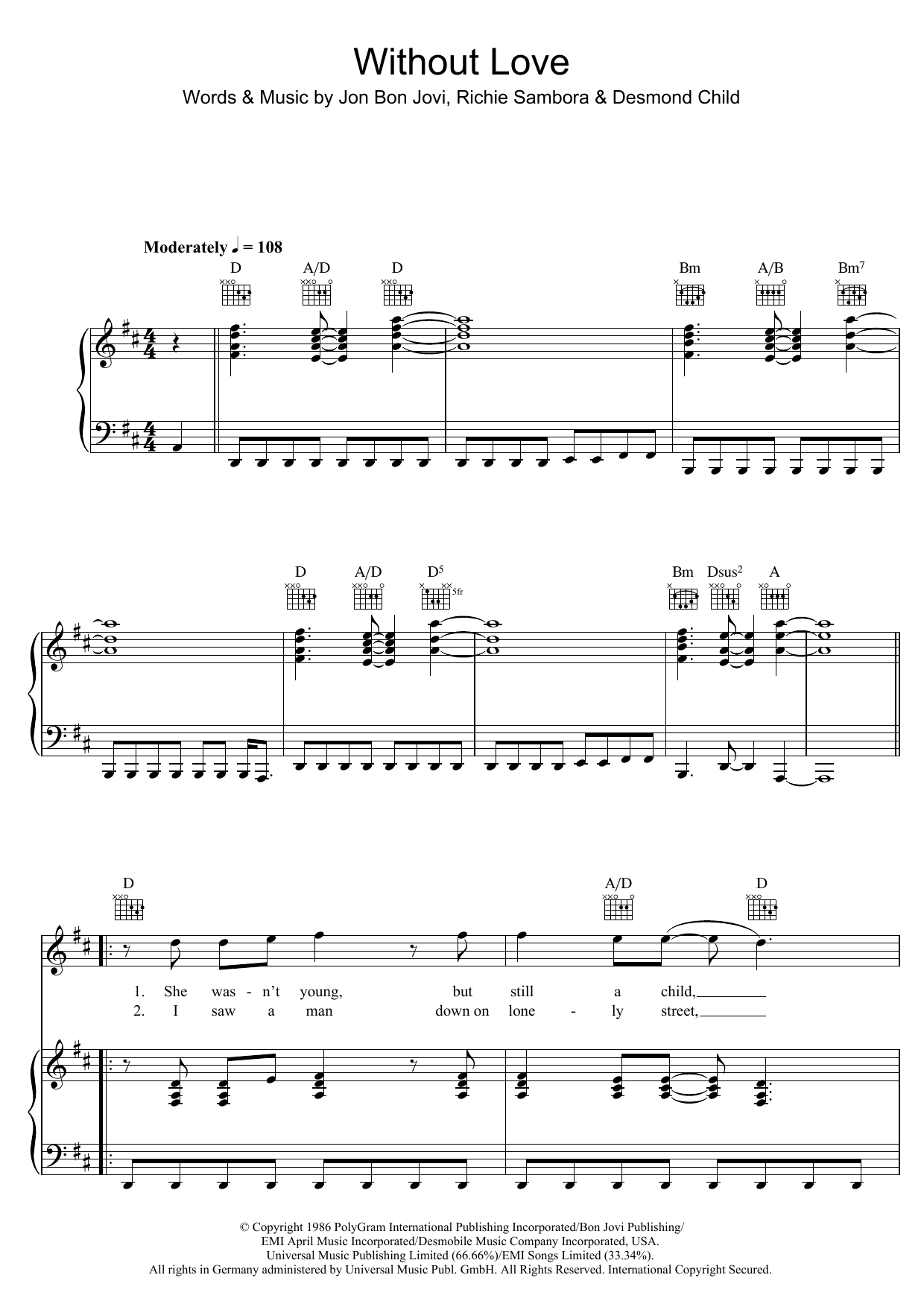 Preview Bon Jovi Without Love Rock sheet music, notes and chords for Piano, Vocal & Guitar (Right-Hand Melody), SKU: 48487 Without Love sheet music
