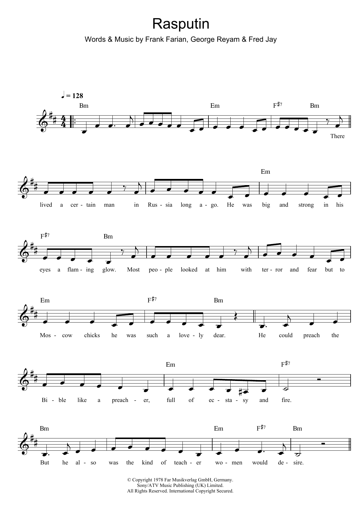 Boney M Rasputin Sheet Music Notes & Chords for Melody Line, Lyrics & Chords - Download or Print PDF