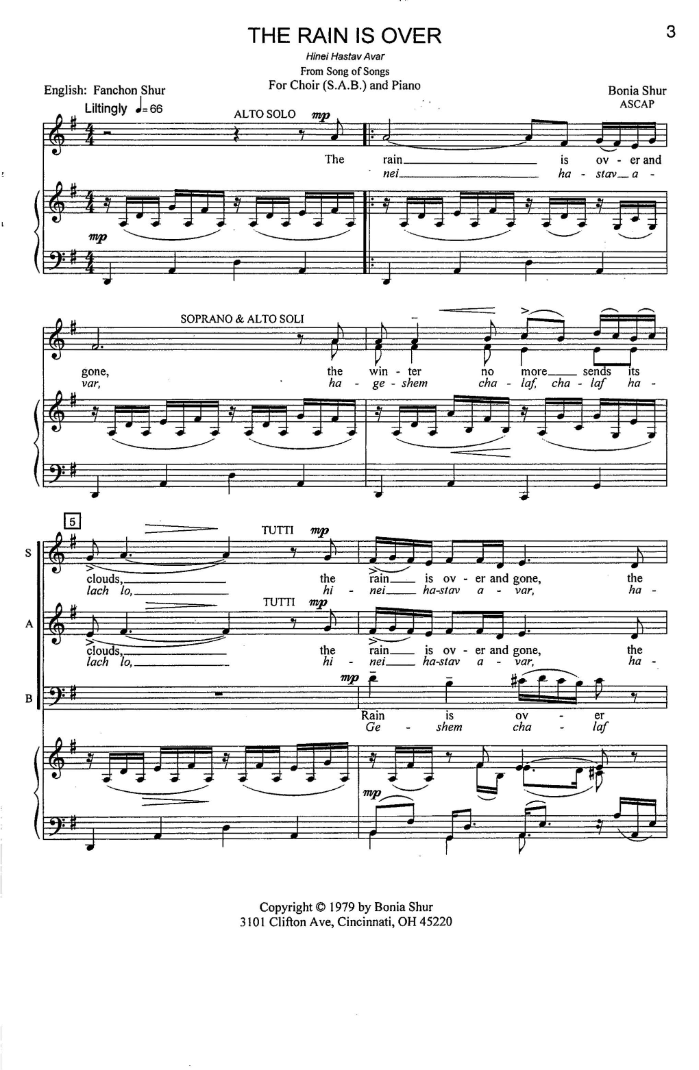 Bonia Shur The Rain Is Over Sheet Music Notes & Chords for SAB Choir - Download or Print PDF