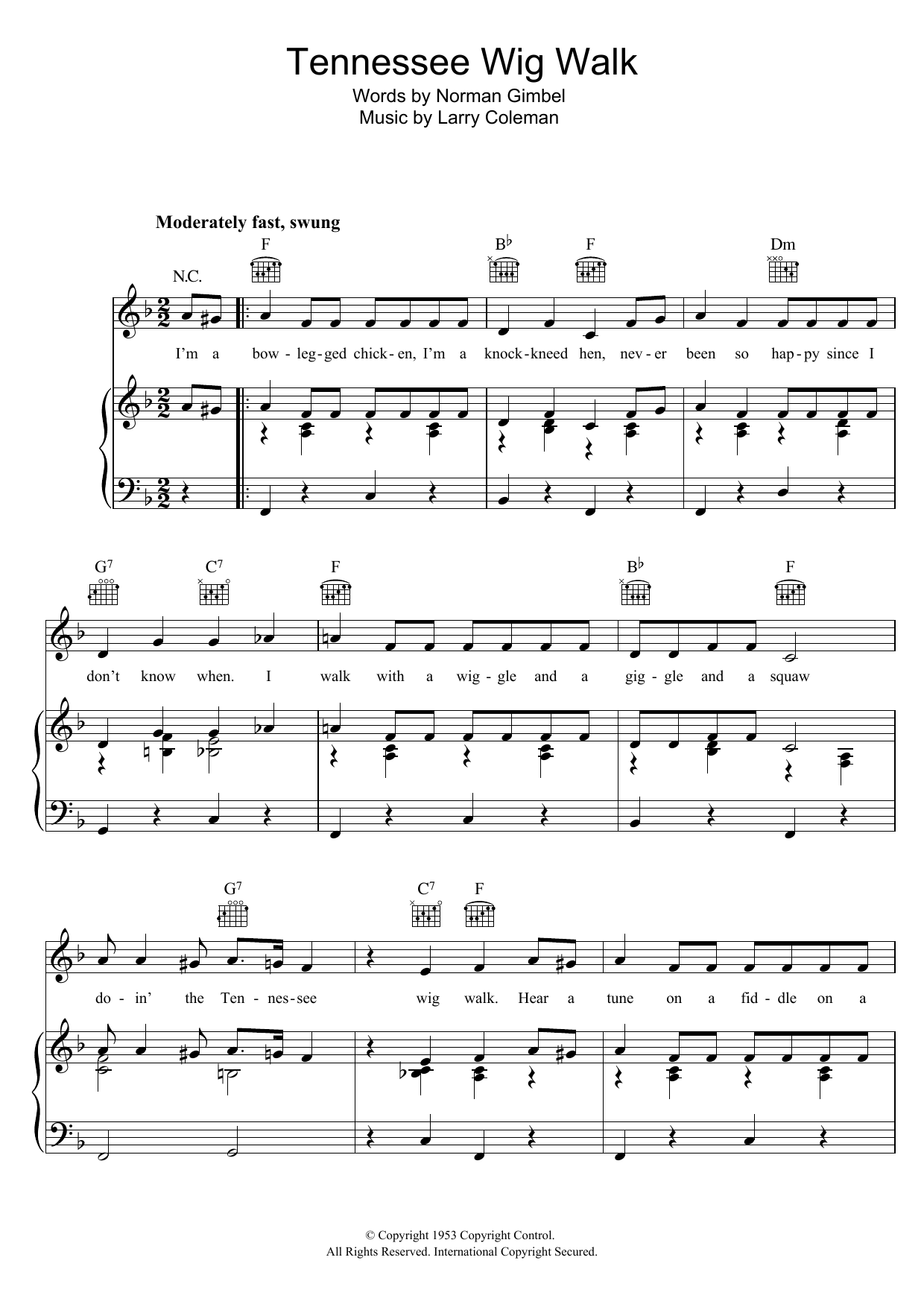 Bonnie Lou Tennessee Wig Walk Sheet Music Notes & Chords for Piano, Vocal & Guitar (Right-Hand Melody) - Download or Print PDF