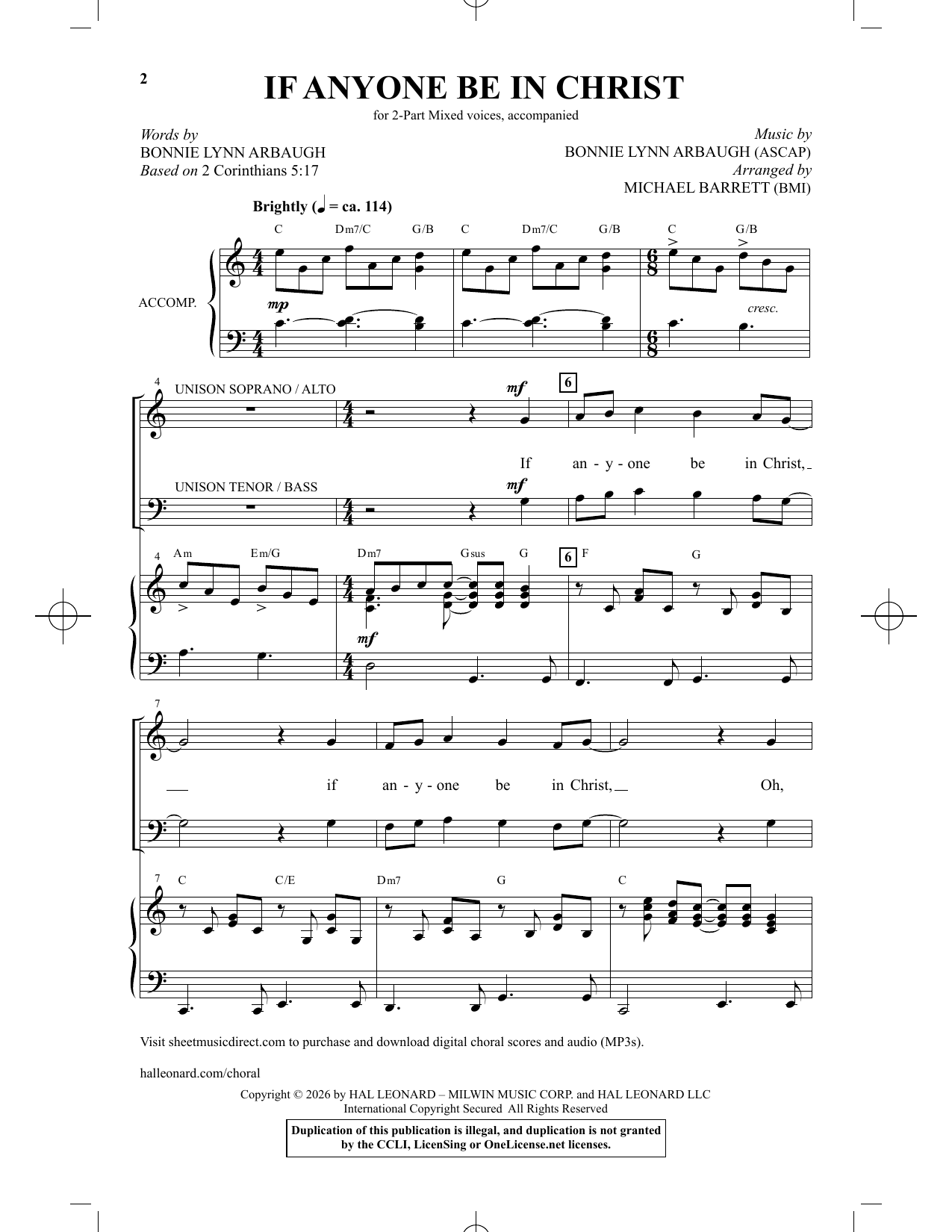 Bonnie Lynn Arbaugh If Anyone Be In Christ (arr. Michael Barrett) Sheet Music Notes & Chords for 2-Part Choir - Download or Print PDF