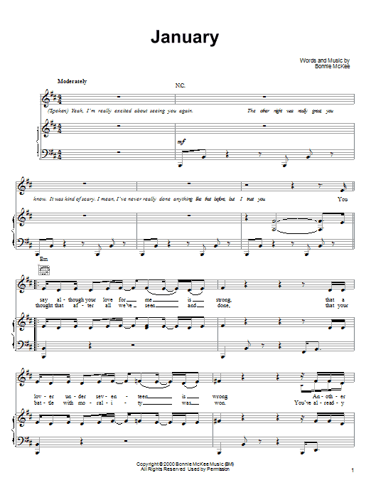 Bonnie McKee January Sheet Music Notes & Chords for Piano, Vocal & Guitar (Right-Hand Melody) - Download or Print PDF