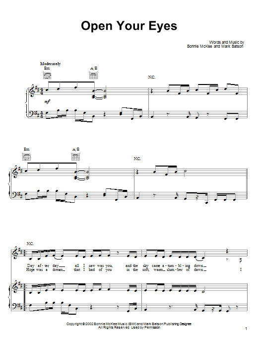 Bonnie McKee Open Your Eyes Sheet Music Notes & Chords for Piano, Vocal & Guitar (Right-Hand Melody) - Download or Print PDF