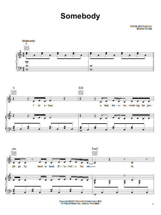 Bonnie McKee Somebody Sheet Music Notes & Chords for Piano, Vocal & Guitar (Right-Hand Melody) - Download or Print PDF