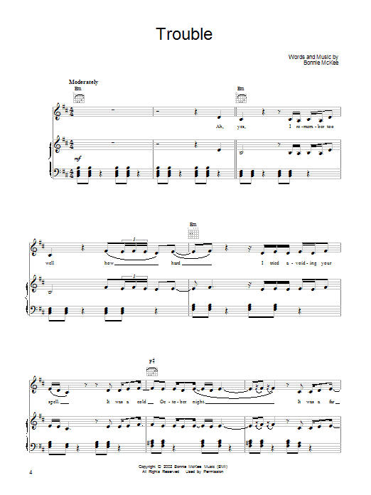 Bonnie McKee Trouble Sheet Music Notes & Chords for Piano, Vocal & Guitar (Right-Hand Melody) - Download or Print PDF