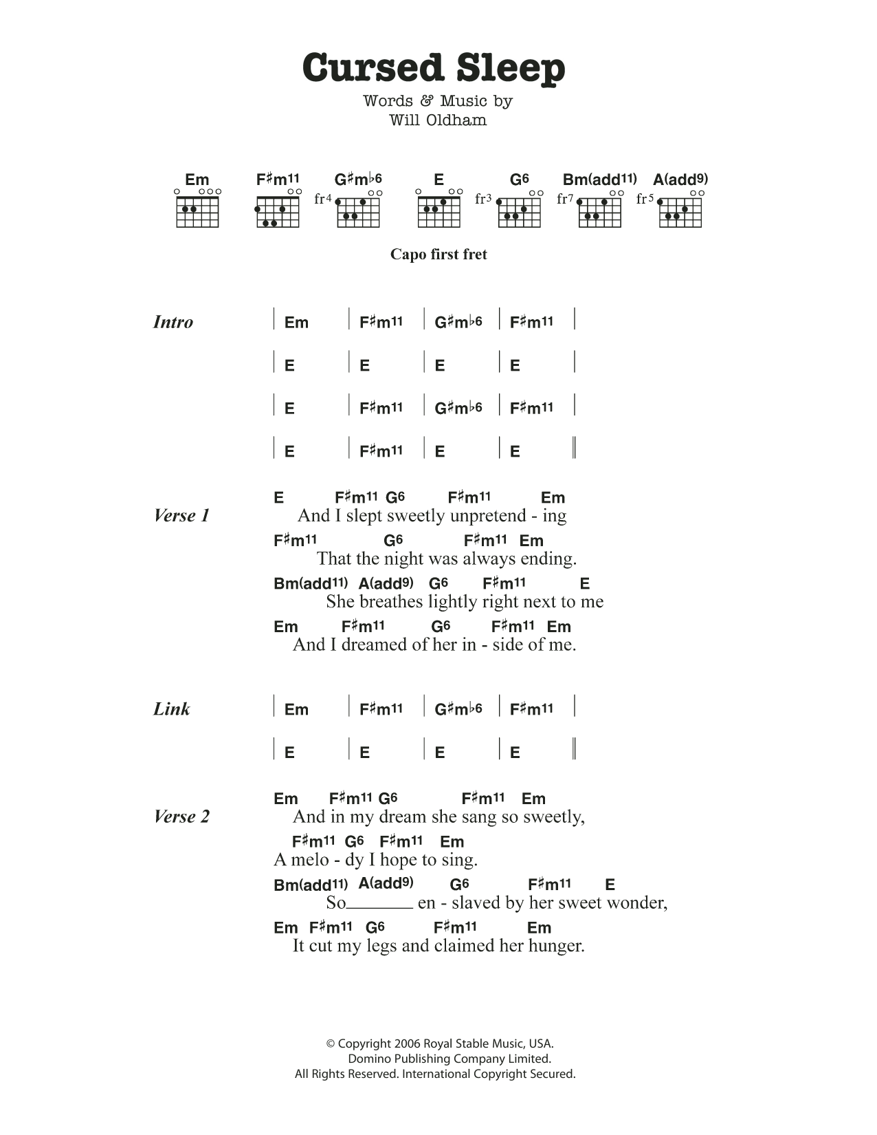 Bonnie ‘Prince’ Billy Cursed Sleep Sheet Music Notes & Chords for Lyrics & Chords - Download or Print PDF