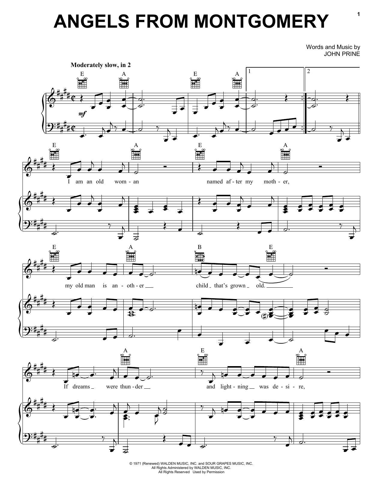 Bonnie Raitt Angels From Montgomery Sheet Music Notes & Chords for Piano, Vocal & Guitar (Right-Hand Melody) - Download or Print PDF