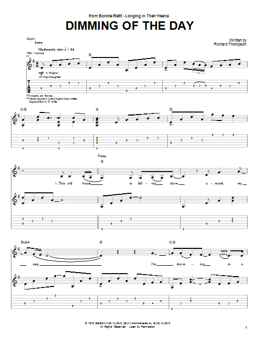 Bonnie Raitt Dimming Of The Day Sheet Music Notes & Chords for Lyrics & Chords - Download or Print PDF