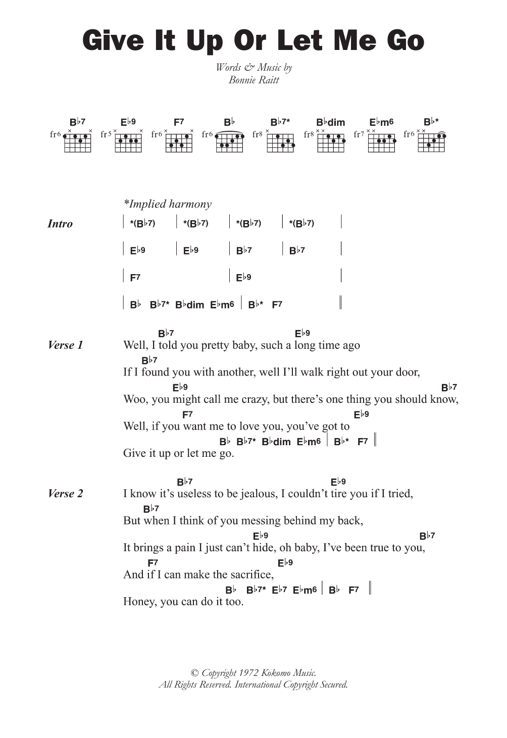 Bonnie Raitt Give It Up Or Let Me Go Sheet Music Notes & Chords for Lyrics & Chords - Download or Print PDF