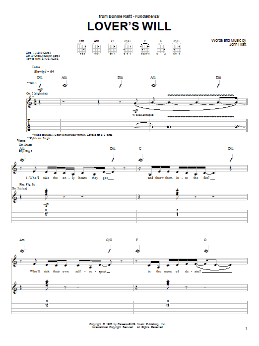 Bonnie Raitt Lover's Will Sheet Music Notes & Chords for Guitar Tab - Download or Print PDF