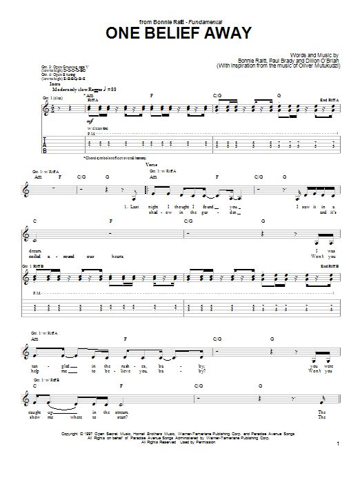 Bonnie Raitt One Belief Away Sheet Music Notes & Chords for Guitar Tab - Download or Print PDF