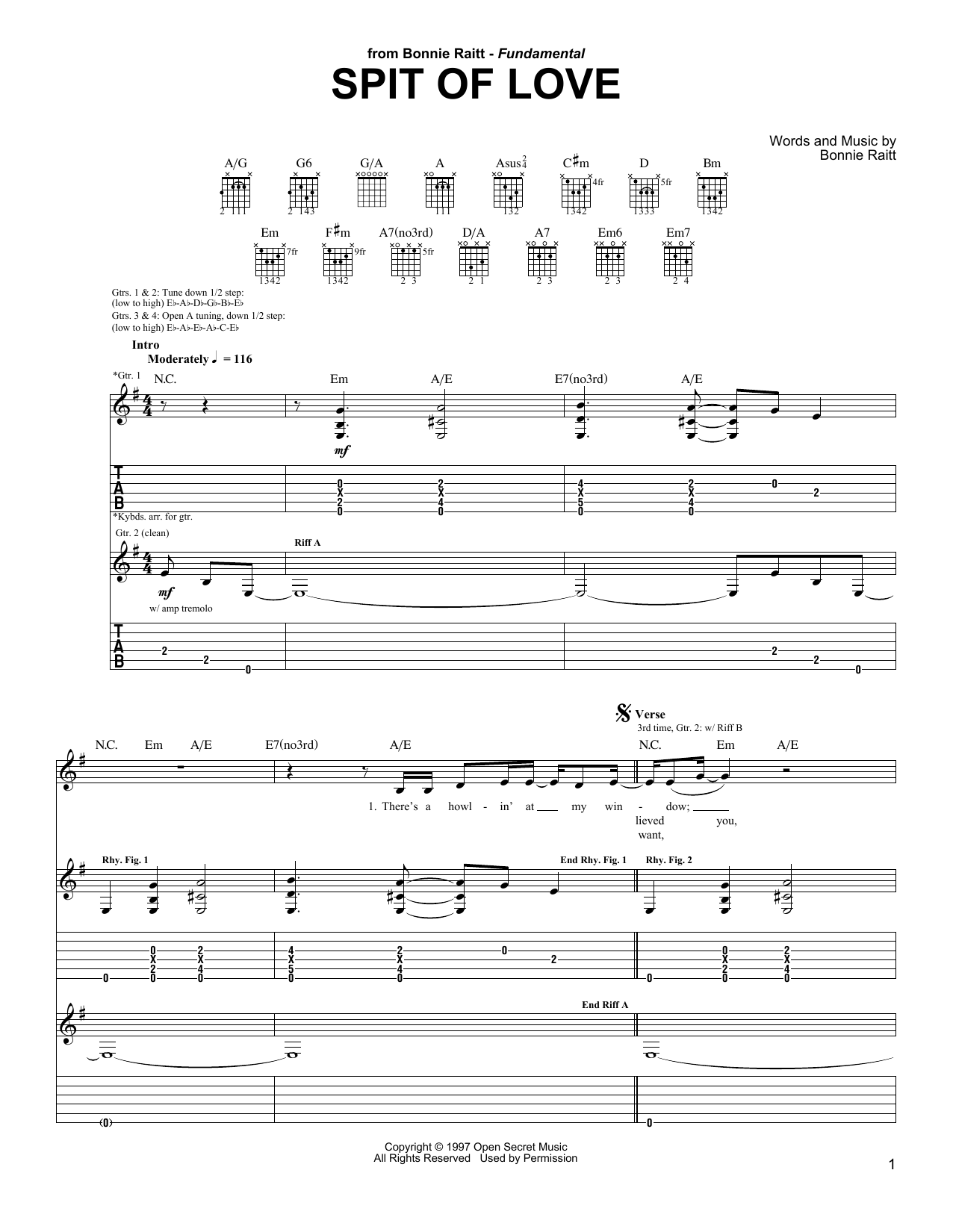 Bonnie Raitt Spit Of Love Sheet Music Notes & Chords for Guitar Tab - Download or Print PDF