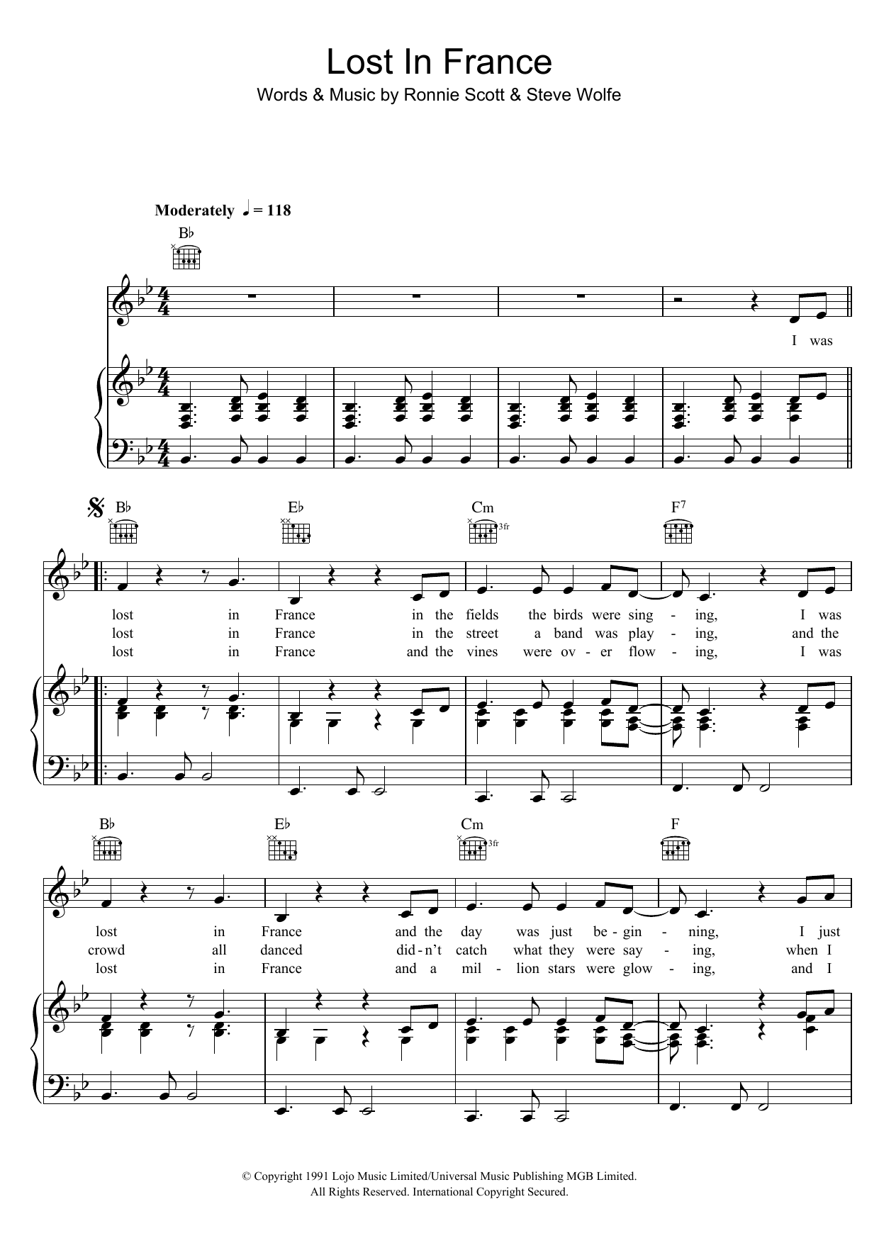 Bonnie Tyler Lost In France Sheet Music Notes & Chords for Piano, Vocal & Guitar (Right-Hand Melody) - Download or Print PDF