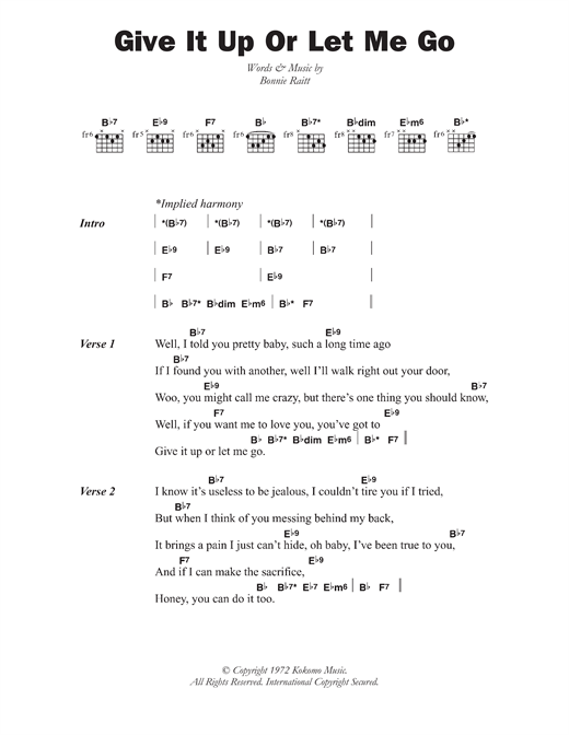 Bonnie Raitt Give It Up Or Let Me Go Sheet Music Notes & Chords for Lyrics & Chords - Download or Print PDF
