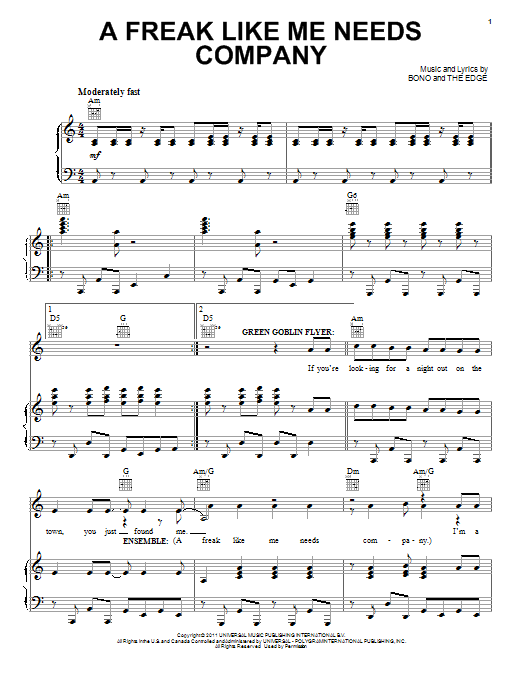 Bono & The Edge A Freak Like Me Needs Company Sheet Music Notes & Chords for Piano, Vocal & Guitar (Right-Hand Melody) - Download or Print PDF