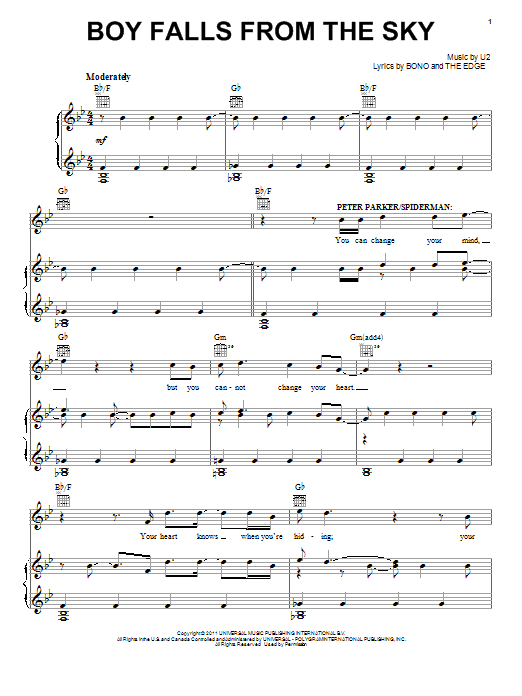 Bono & The Edge Boy Falls From The Sky Sheet Music Notes & Chords for Piano & Vocal - Download or Print PDF