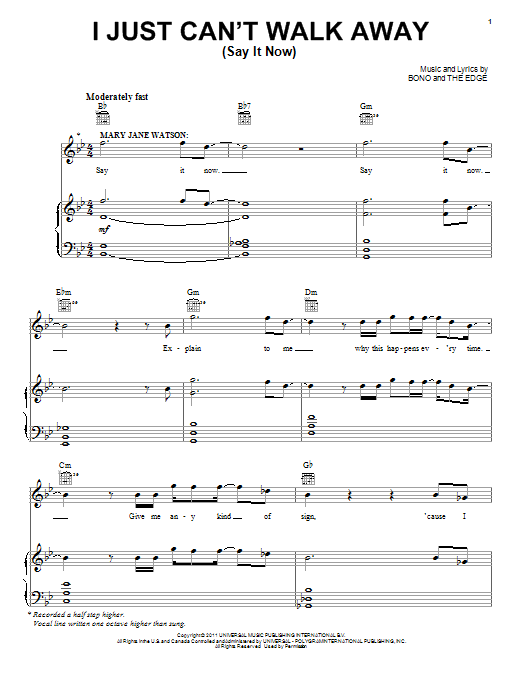 Bono & The Edge I Just Can't Walk Away (Say It Now) Sheet Music Notes & Chords for Piano, Vocal & Guitar (Right-Hand Melody) - Download or Print PDF