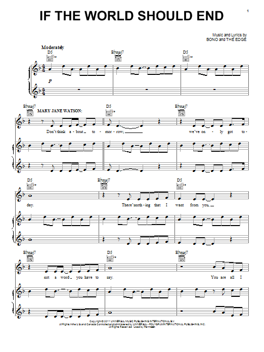 Bono & The Edge If The World Should End Sheet Music Notes & Chords for Piano & Vocal - Download or Print PDF