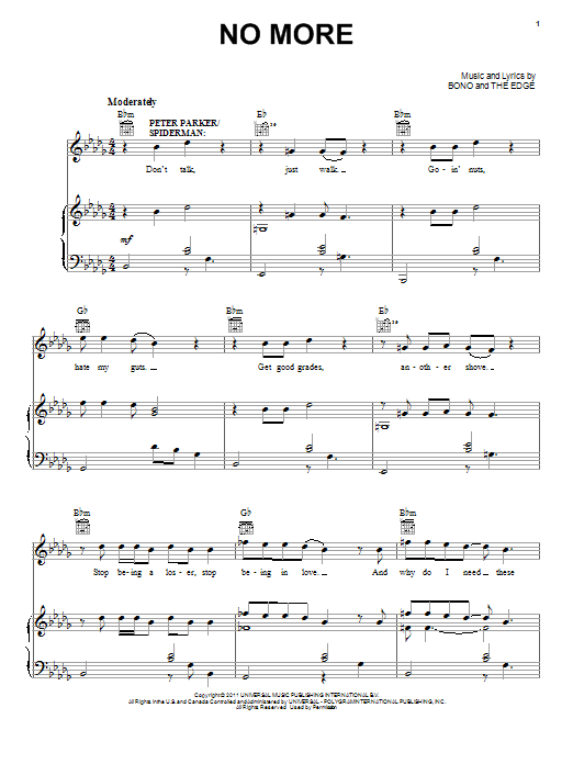 Bono & The Edge No More Sheet Music Notes & Chords for Piano, Vocal & Guitar (Right-Hand Melody) - Download or Print PDF