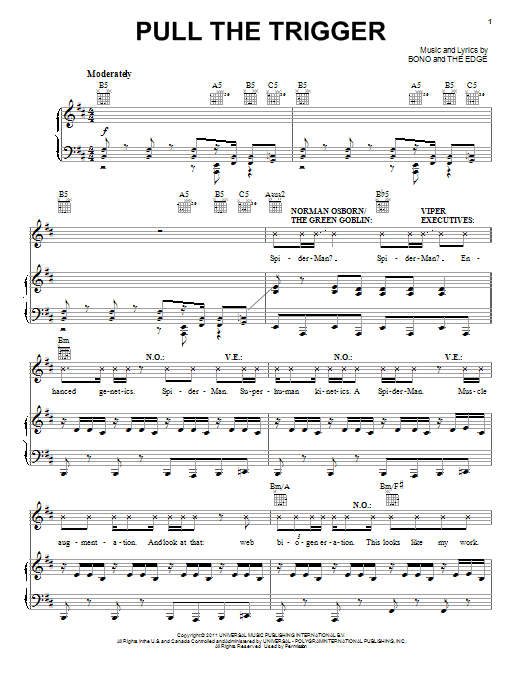 Bono & The Edge Pull The Trigger Sheet Music Notes & Chords for Piano, Vocal & Guitar (Right-Hand Melody) - Download or Print PDF