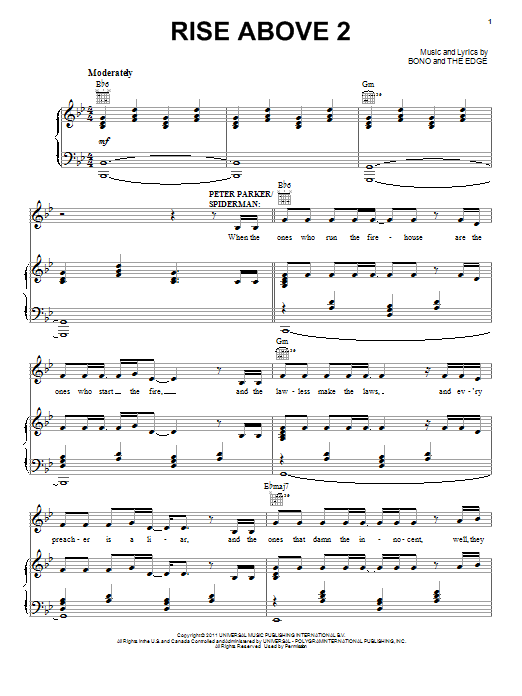 Bono & The Edge Rise Above 2 Sheet Music Notes & Chords for Piano, Vocal & Guitar (Right-Hand Melody) - Download or Print PDF