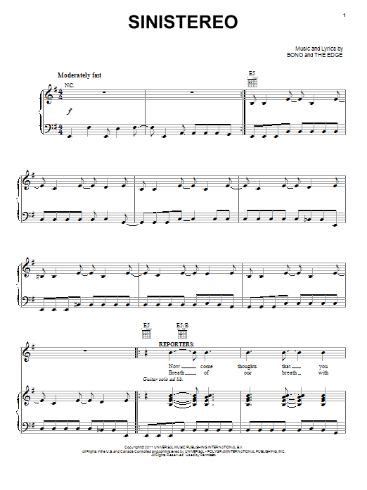 Bono & The Edge Sinistereo Sheet Music Notes & Chords for Piano, Vocal & Guitar (Right-Hand Melody) - Download or Print PDF