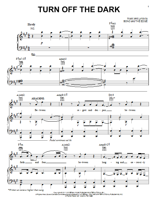 Bono & The Edge Turn Off The Dark Sheet Music Notes & Chords for Piano, Vocal & Guitar (Right-Hand Melody) - Download or Print PDF