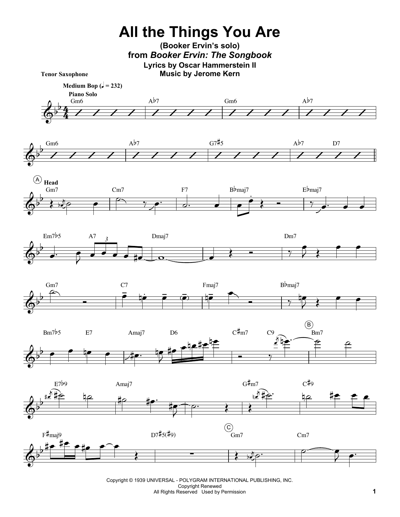 Booker Ervin All The Things You Are Sheet Music Notes & Chords for Tenor Sax Transcription - Download or Print PDF