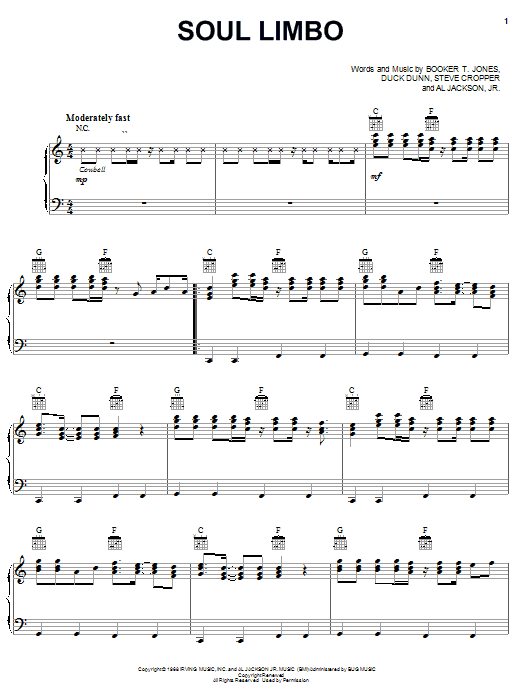 Preview Booker T. & The MG's Soul Limbo Jazz sheet music, notes and chords for Piano, Vocal & Guitar (Right-Hand Melody), SKU: 19549 sheet music, piano notes, chords, guitar tabs, score, transpose, transcribe, how to play, guide, download, learn, tutorial, progression, song, artist, awards, billboard, mtv, vh1, tour, single, album, release