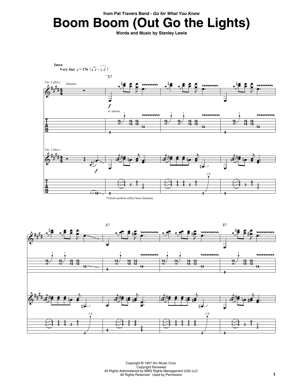 Preview Pat Travers Boom Boom (Out Go The Lights) Blues sheet music, notes and chords for Guitar Tab, SKU: 437062 sheet music, piano notes, chords, guitar tabs, score, transpose, transcribe, how to play, guide, download, learn, tutorial, progression, song, artist, awards, billboard, mtv, vh1, tour, single, album, release