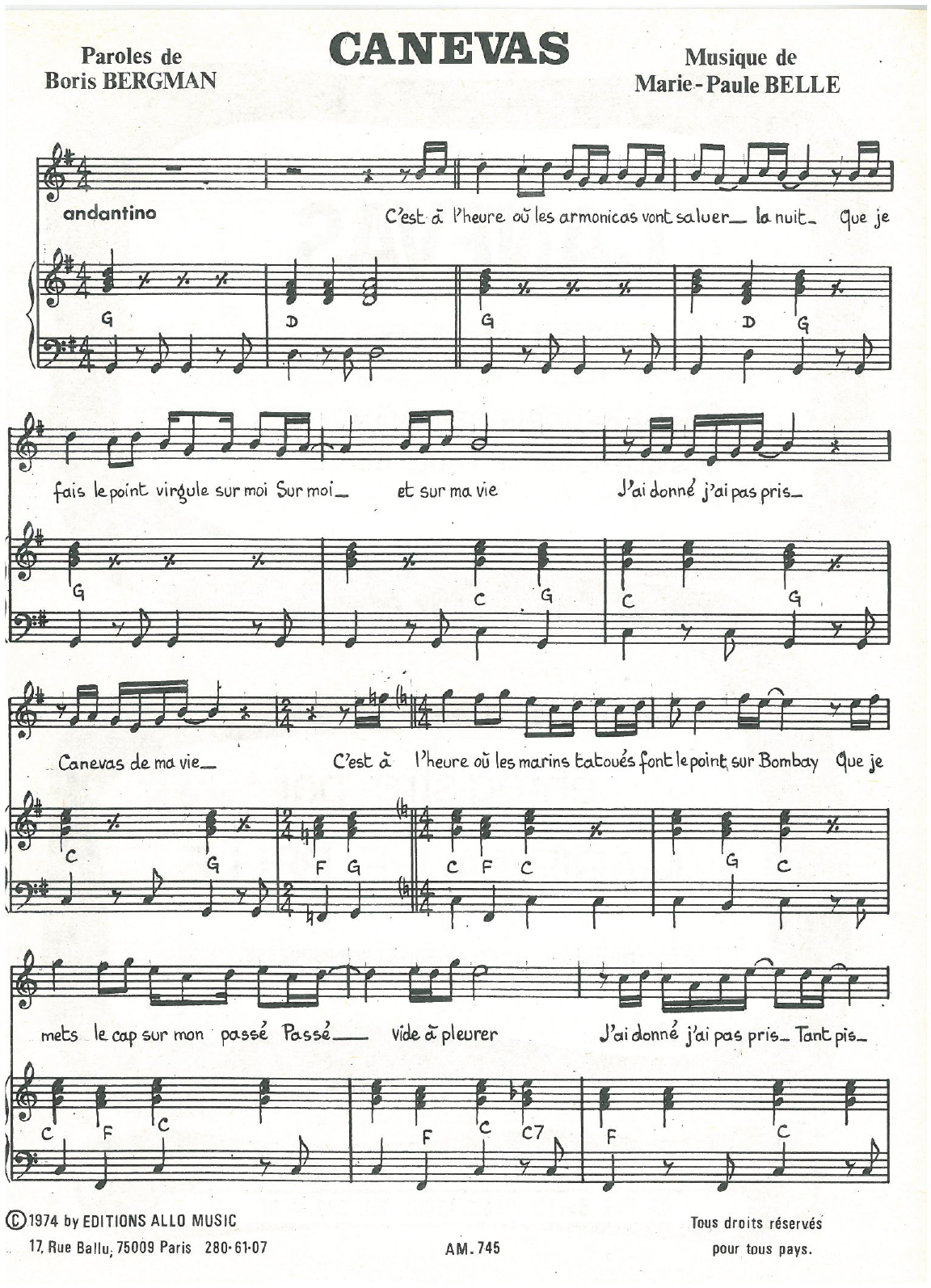 Boris Bergman and Marie Paule Belle Canevas Sheet Music Notes & Chords for Piano & Vocal - Download or Print PDF