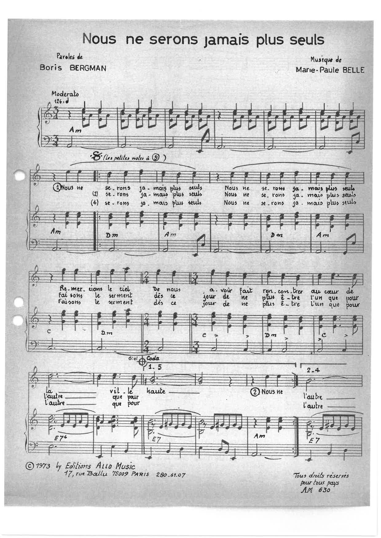 Boris Bergman and Marie Paule Belle Nous Ne Serons Jamais Plus Seuls Sheet Music Notes & Chords for Piano & Vocal - Download or Print PDF
