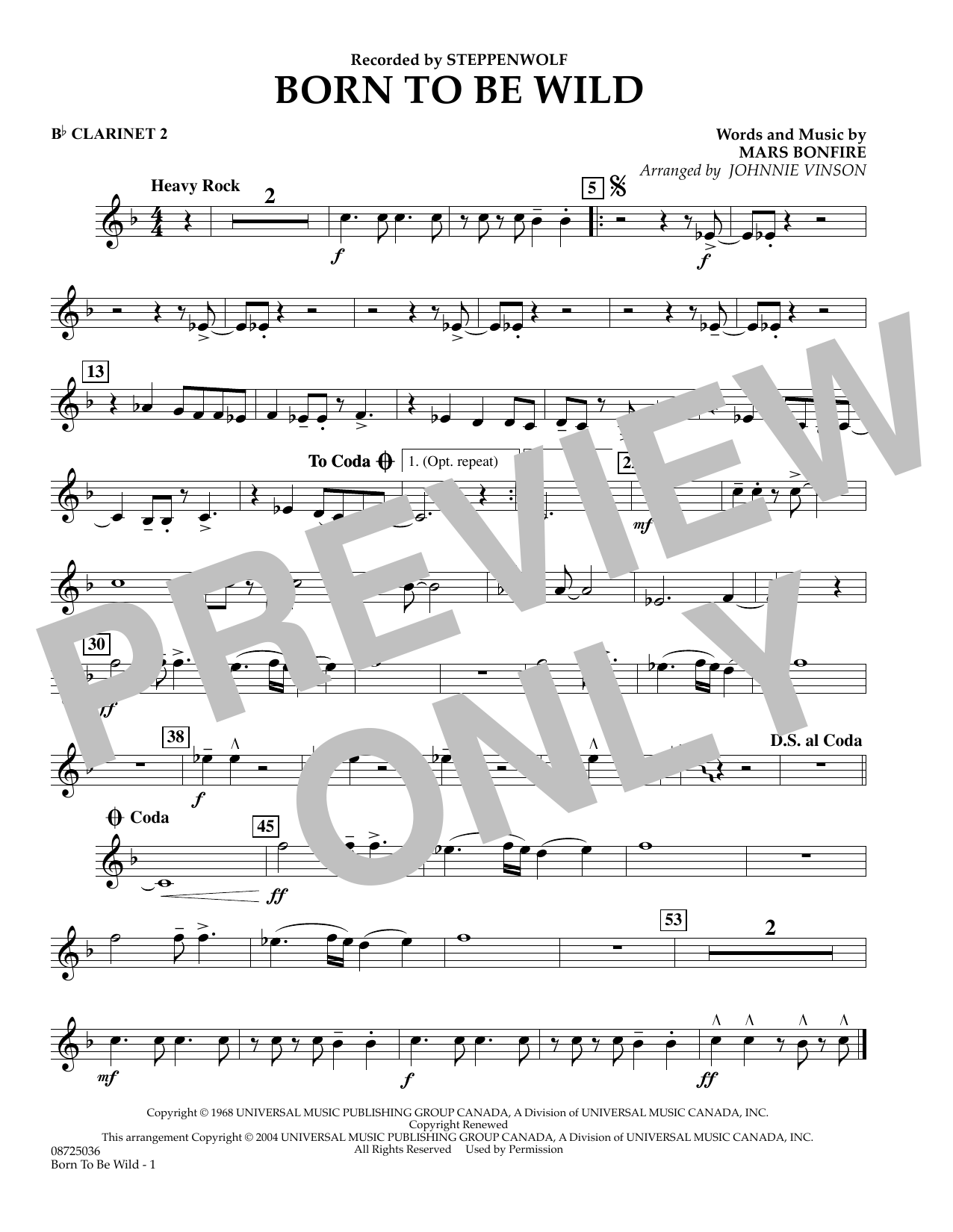 Johnnie Vinson Born To Be Wild Bb Clarinet 2 Sheet Music Download Pdf Score 346255