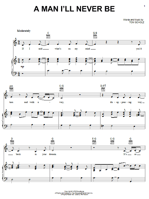 Boston A Man I'll Never Be Sheet Music Notes & Chords for Piano, Vocal & Guitar (Right-Hand Melody) - Download or Print PDF