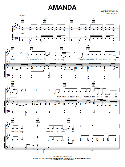 Boston Amanda Sheet Music Notes & Chords for Piano, Vocal & Guitar (Right-Hand Melody) - Download or Print PDF