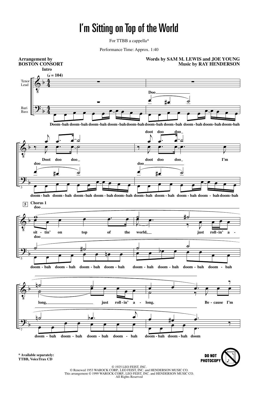 Boston Common I'm Sitting on Top of the World (arr. Boston Consort) Sheet Music Notes & Chords for TTBB Choir - Download or Print PDF