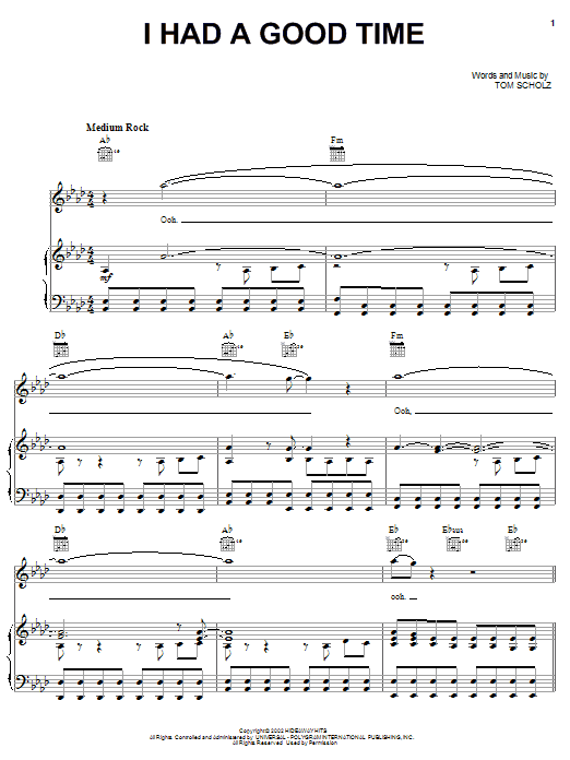 Boston I Had A Good Time Sheet Music Notes & Chords for Piano, Vocal & Guitar (Right-Hand Melody) - Download or Print PDF