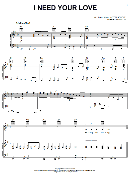 Boston I Need Your Love Sheet Music Notes & Chords for Piano, Vocal & Guitar (Right-Hand Melody) - Download or Print PDF