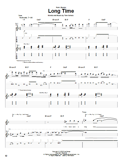 Boston Long Time Sheet Music Notes & Chords for Easy Guitar Tab - Download or Print PDF