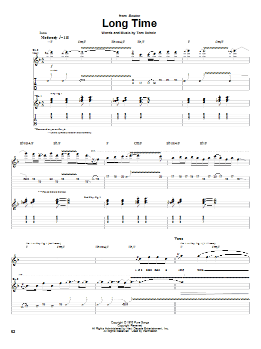Boston Long Time Sheet Music Notes & Chords for Guitar Tab - Download or Print PDF