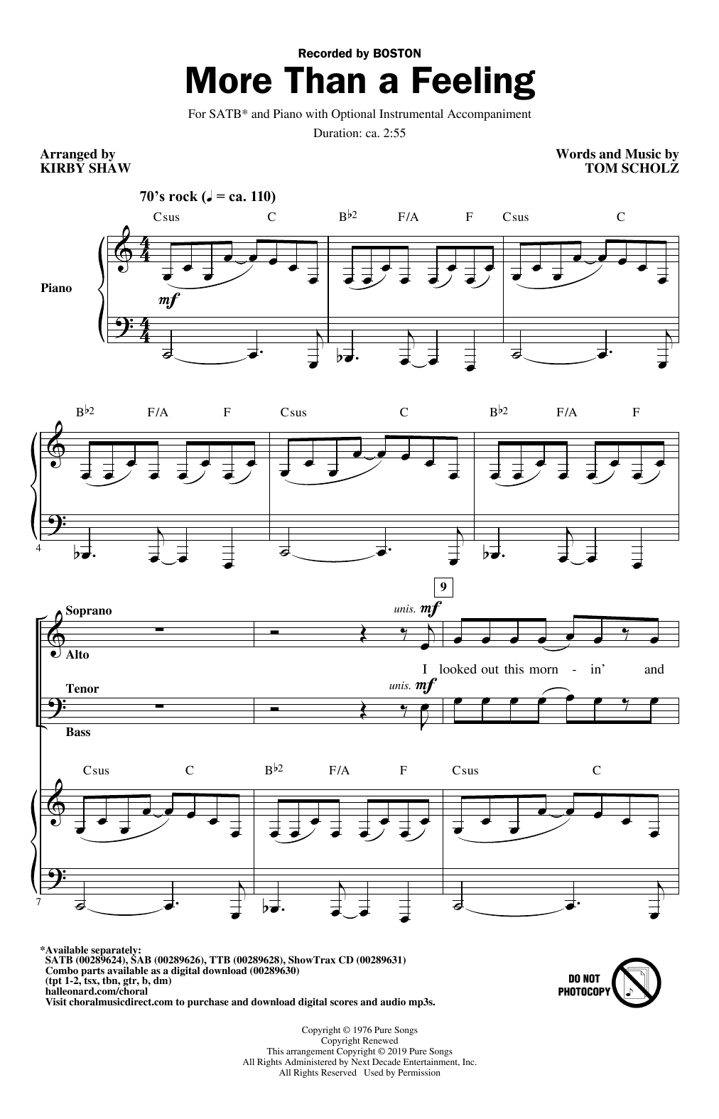 Boston More Than a Feeling (arr. Kirby Shaw) Sheet Music Notes & Chords for SATB Choir - Download or Print PDF