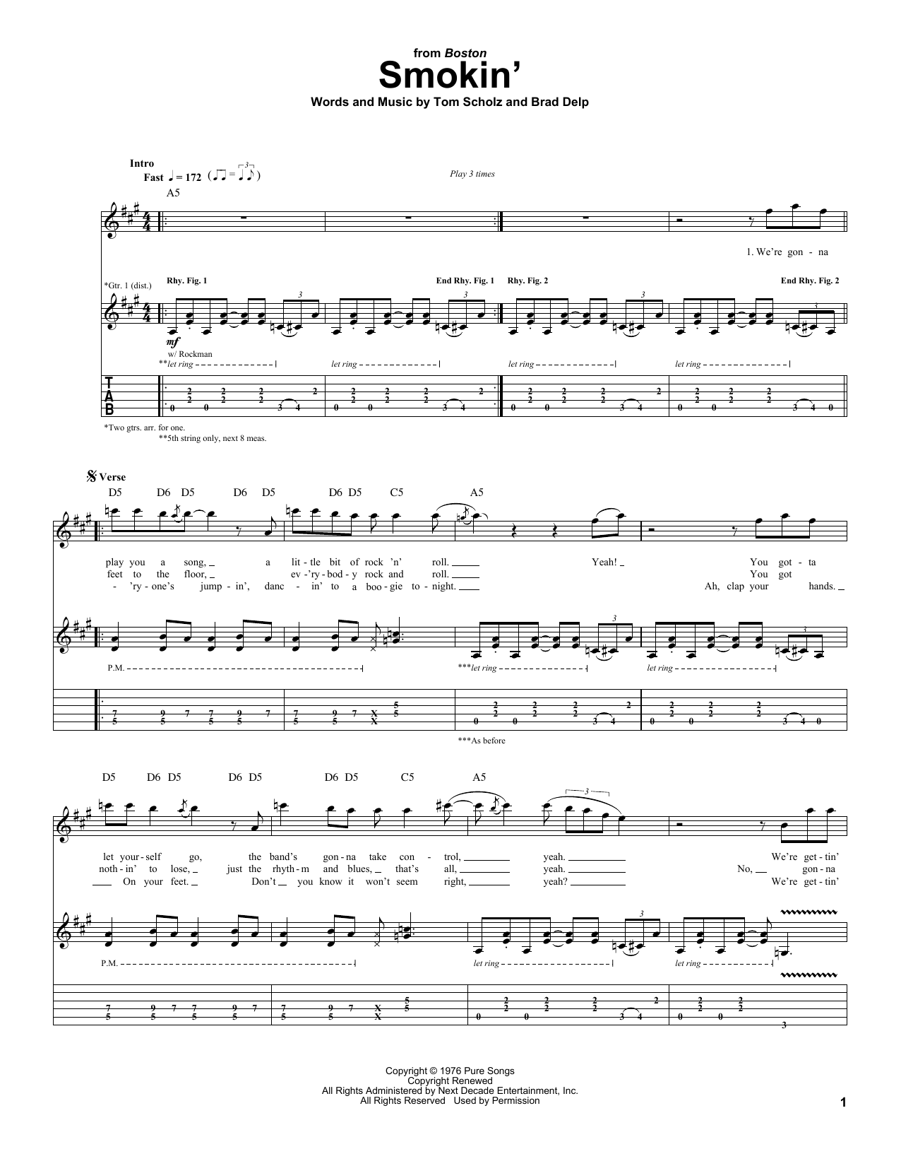 Boston Smokin' Sheet Music Notes & Chords for Piano, Vocal & Guitar (Right-Hand Melody) - Download or Print PDF