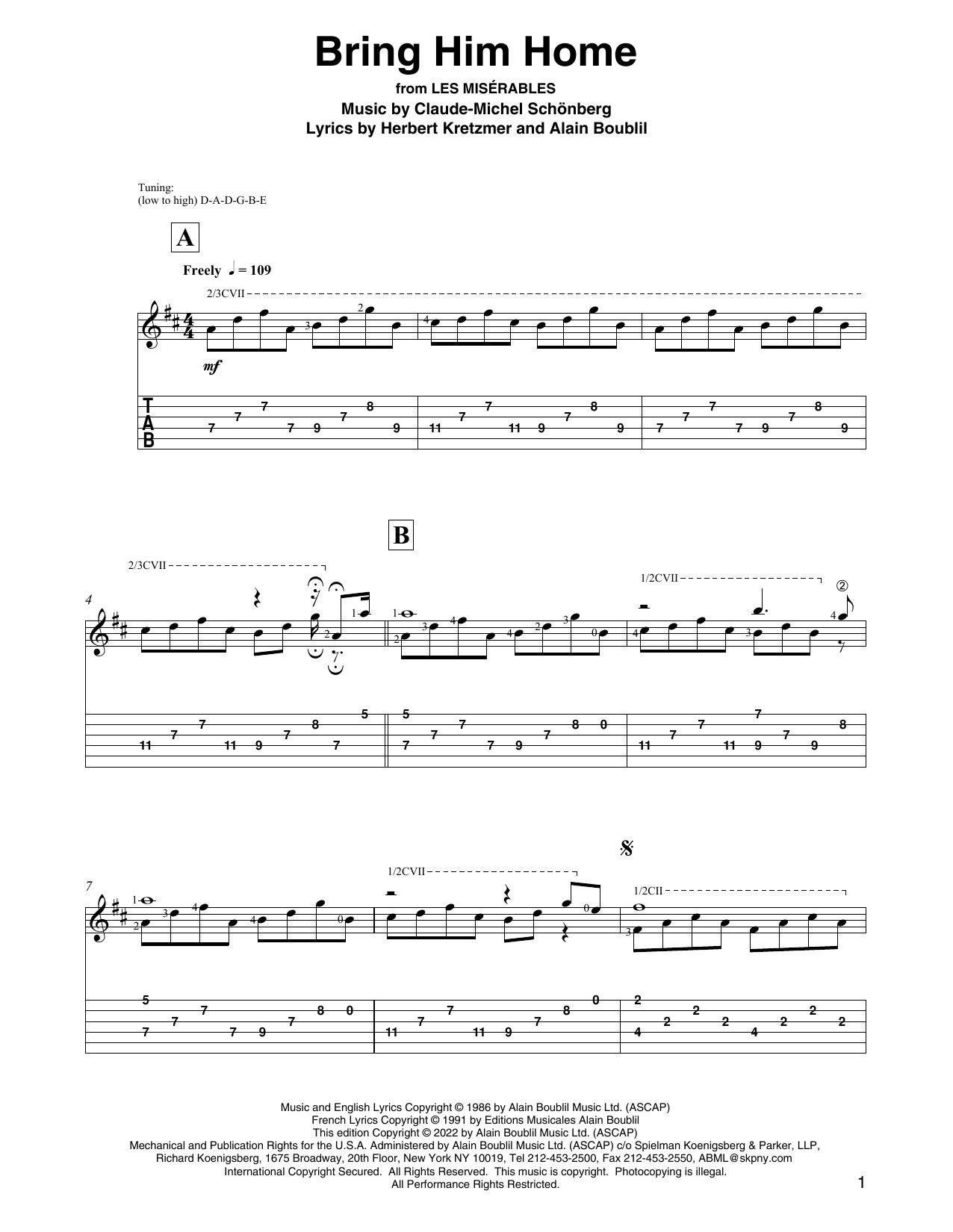 Boublil & Schönberg Bring Him Home (from Les Miserables) (arr. David Jaggs) Sheet Music Notes & Chords for Solo Guitar - Download or Print PDF